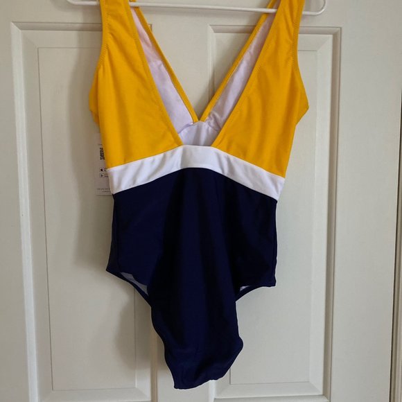 CUPSHE Yellow Blue Colorblocked Open Back One-Piece Swimsuit Sexy V-neck - Picture 4 of 6